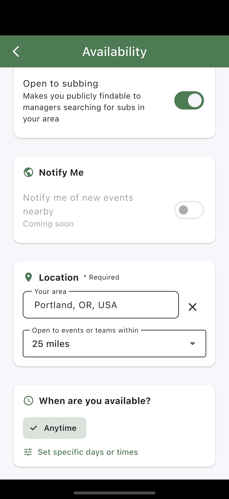 Availability settings screen