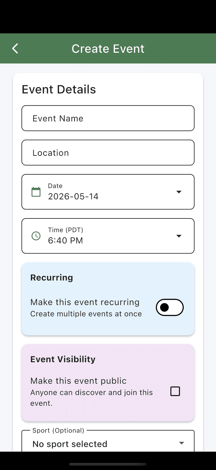 Create event form screen