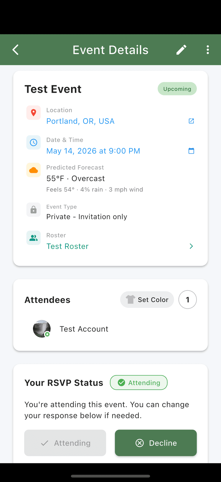 Event details screen