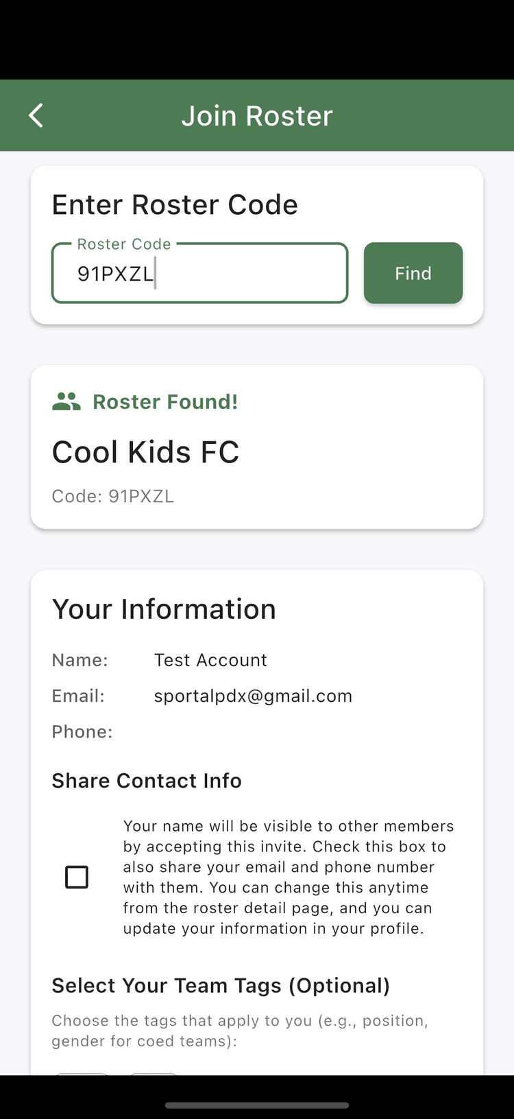 Join roster screen