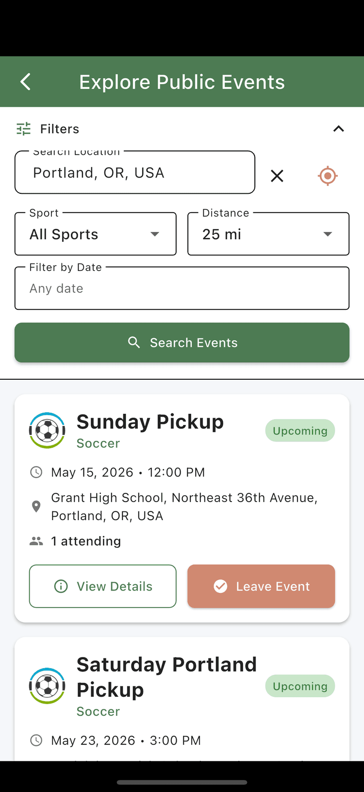 Public events list screen