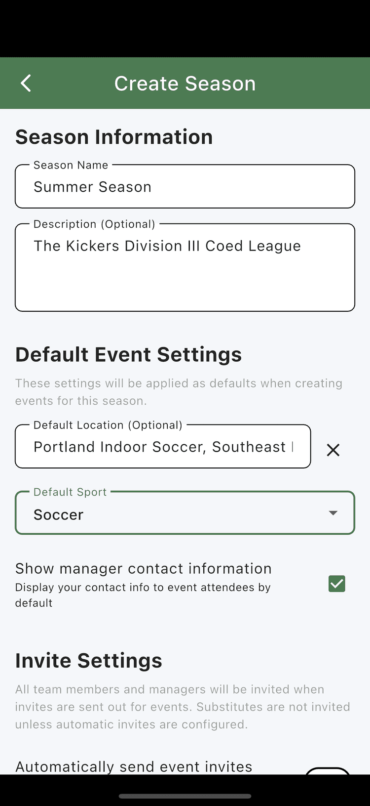 Season configuration screen
