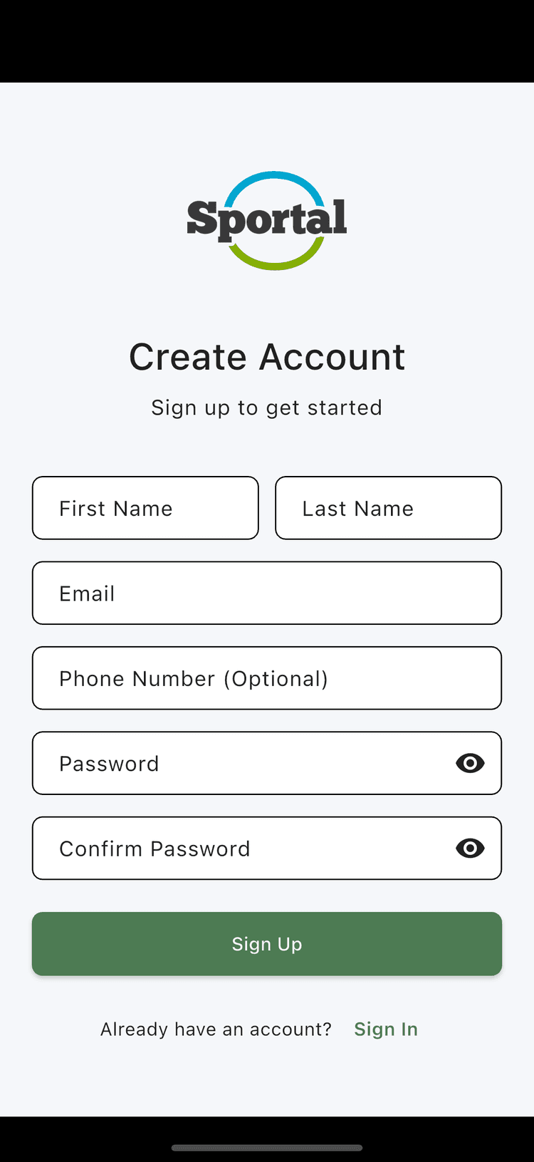 Sign up screen